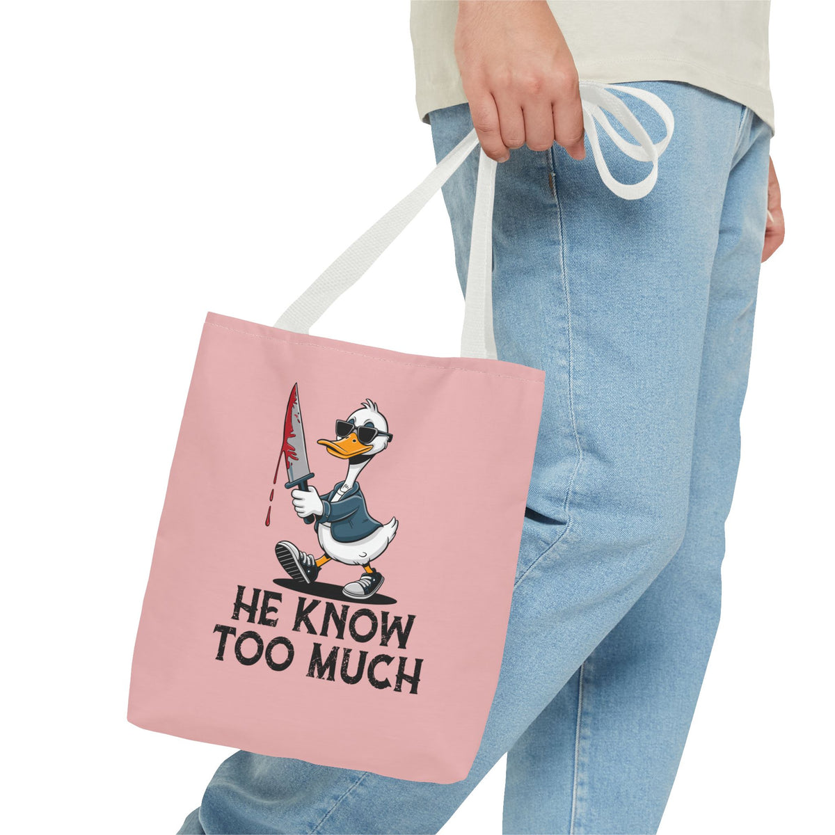 "He Know Too Much" Chaos Duck With Knife Funny Polyester Tote Bag