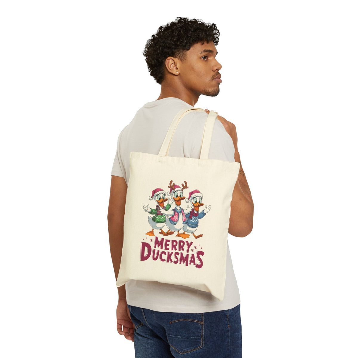 "Merry Ducksmtb" Festive Holiday Trio Ducks Cotton Canvas Tote Bag