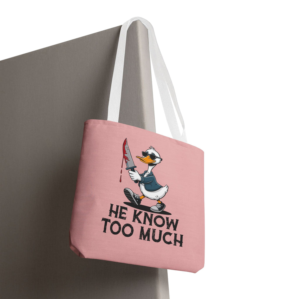 "He Know Too Much" Chaos Duck With Knife Funny Polyester Tote Bag