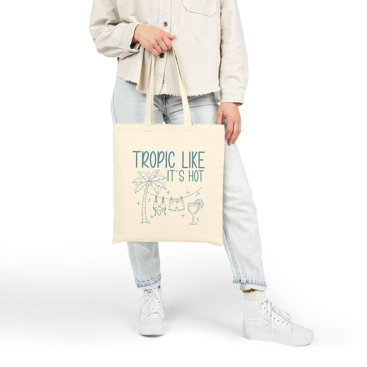 "Tropic Like It's Hot" Palm Tree & Cocktail Canvas Tote Bag