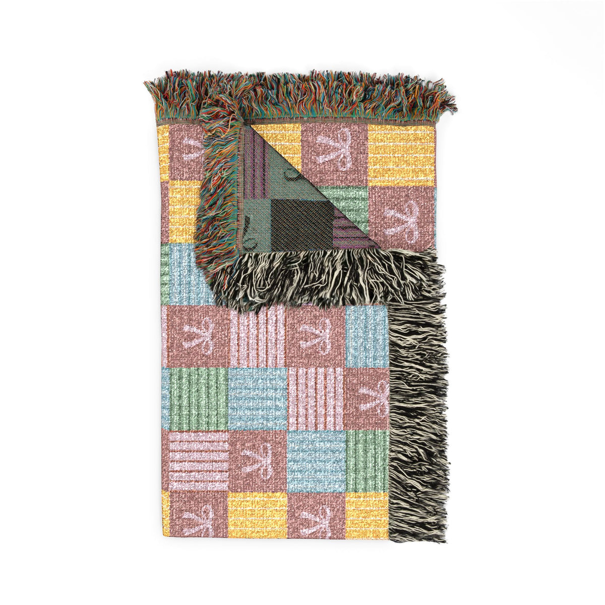 Cozy Patchwork & Pink Bows Woven Throw Blanket