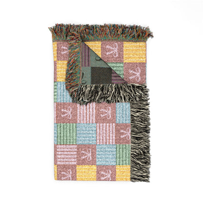 Cozy Patchwork & Pink Bows Woven Throw Blanket