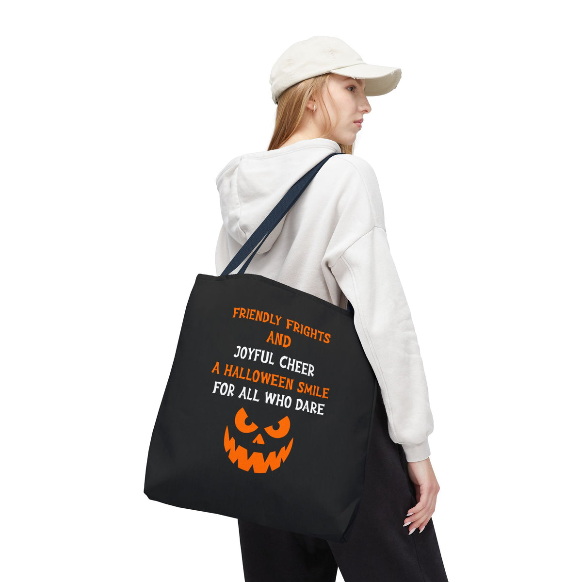 Halloween Jack-O'-Lantern Tote Bag — "Friendly Frights and Joyful Cheer" Trick-or-Treat Reusable Shopper