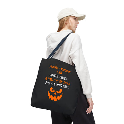 Halloween Jack-O'-Lantern Tote Bag — "Friendly Frights and Joyful Cheer" Trick-or-Treat Reusable Shopper