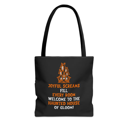 Halloween Haunted House Tote Bag — "Joyful Screams" Trick-or-Treat Reusable Shopper