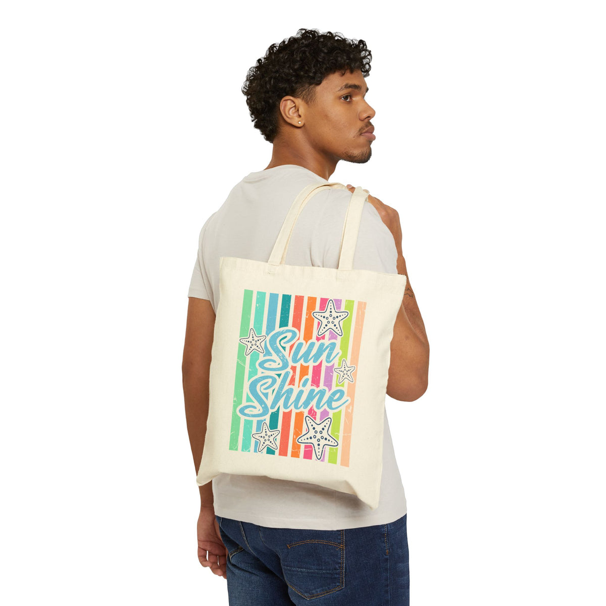 Sun Shine Retro Starfish & Rainbow Stripes Cotton Canvas Tote Bag