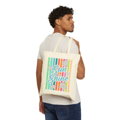 Sun Shine Retro Starfish & Rainbow Stripes Cotton Canvas Tote Bag