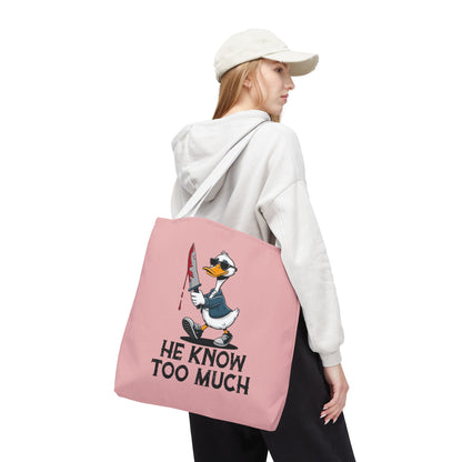 "He Know Too Much" Chaos Duck With Knife Funny Polyester Tote Bag