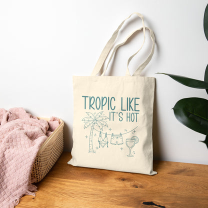 "Tropic Like It's Hot" Palm Tree & Cocktail Canvas Tote Bag
