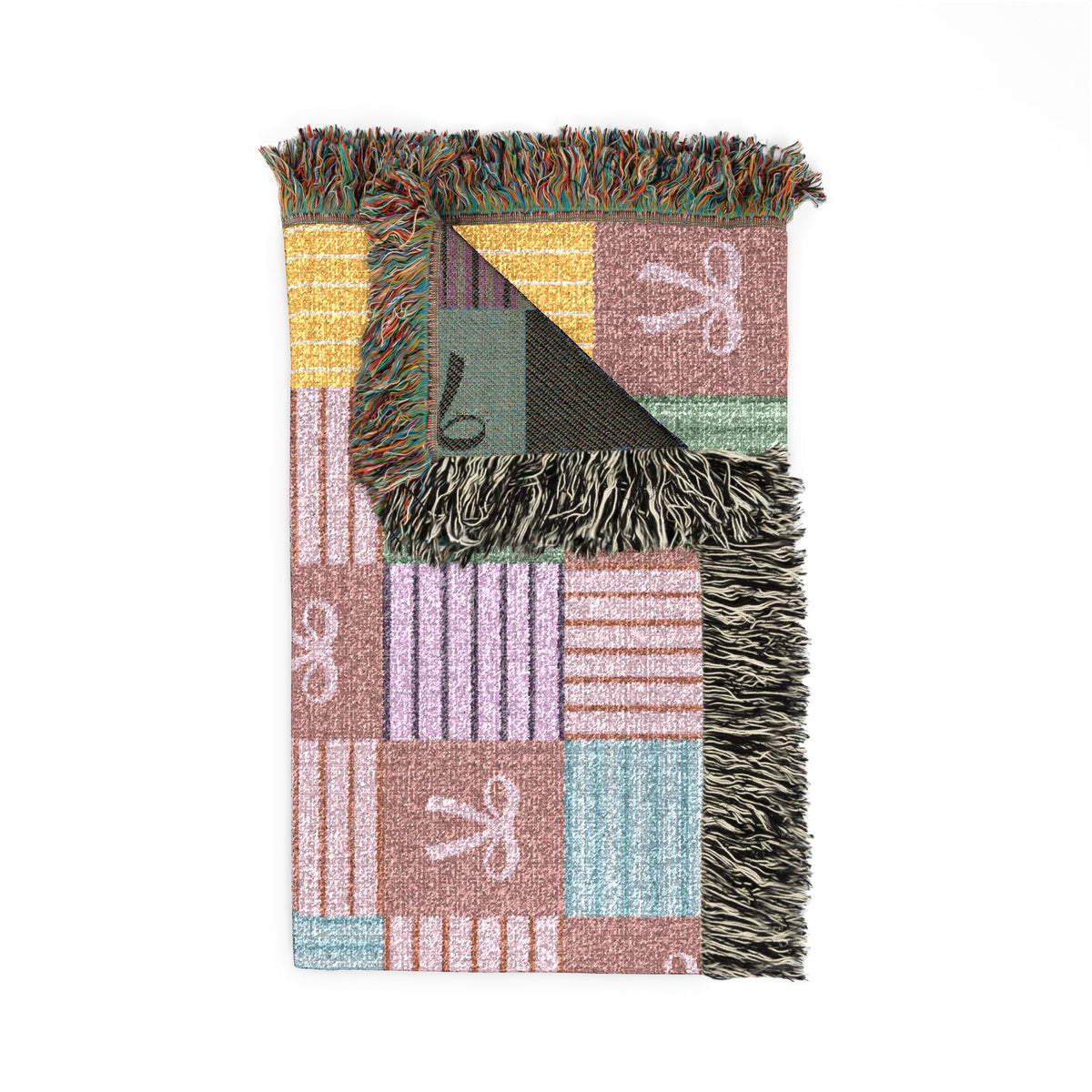 Cozy Patchwork & Pink Bows Woven Throw Blanket