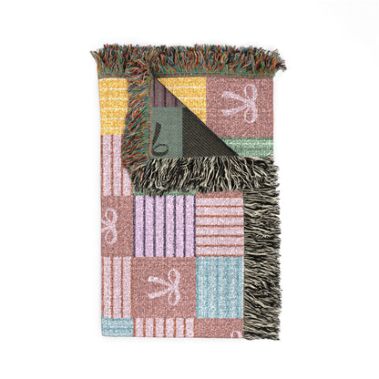 Cozy Patchwork & Pink Bows Woven Throw Blanket