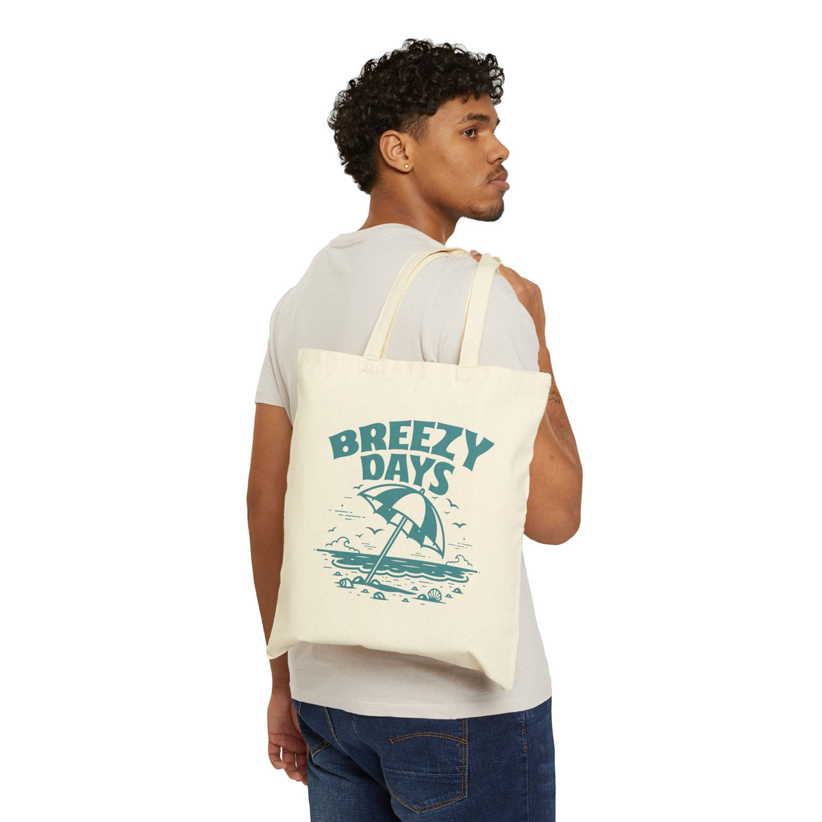"Breezy Days" Beach Umbrella Coastal Cotton Canvas Tote Bag