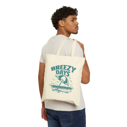 "Breezy Days" Beach Umbrella Coastal Cotton Canvas Tote Bag