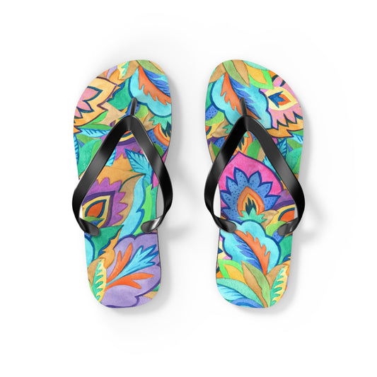 Boho Tropical Leaves Watercolor Flip Flops — Vibrant Artistic Summer Sandals