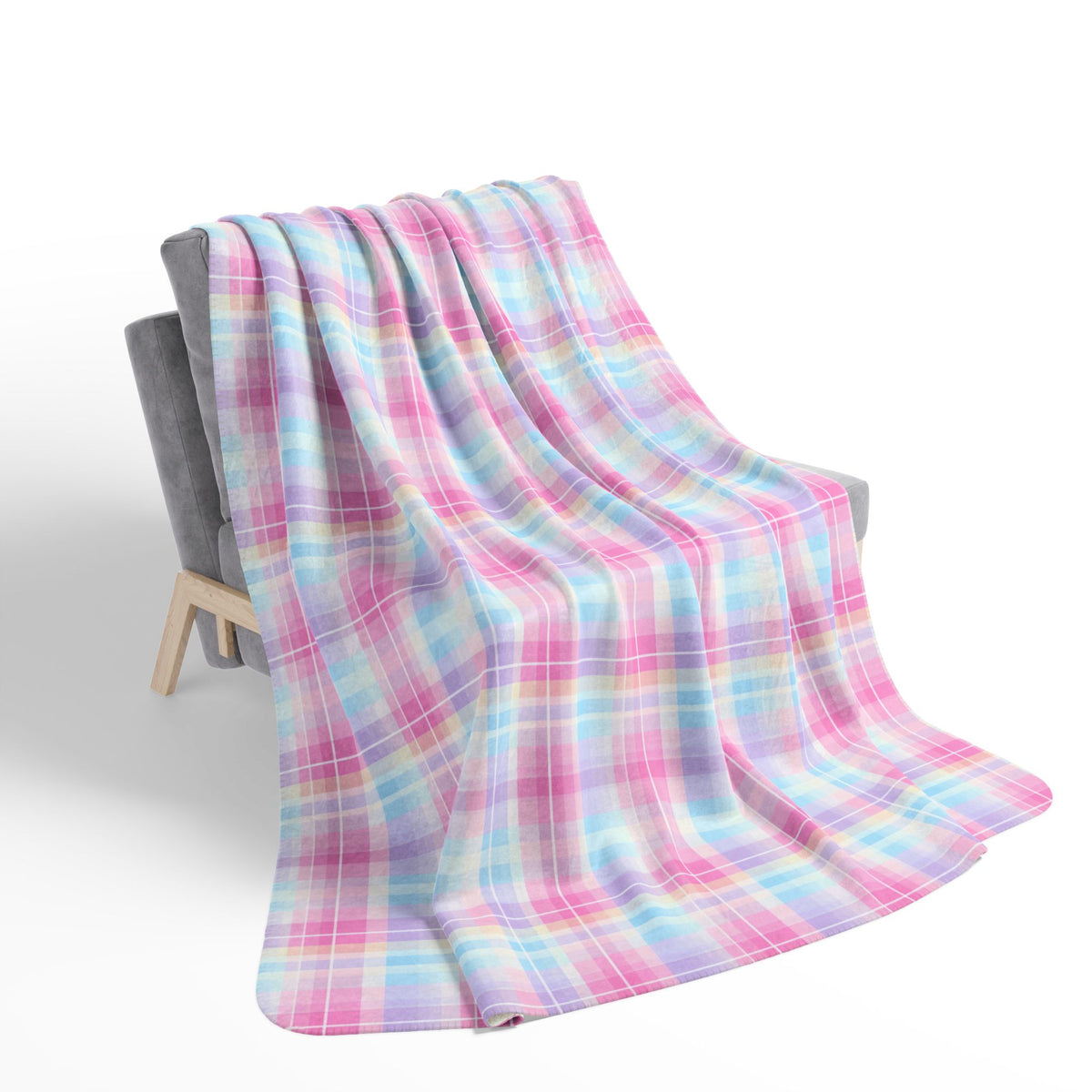 Pastel Plaid Checkered Sherpa Fleece Blanket | Soft Pink & Blue Cozy Throw
