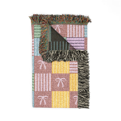 Cozy Patchwork & Pink Bows Woven Throw Blanket