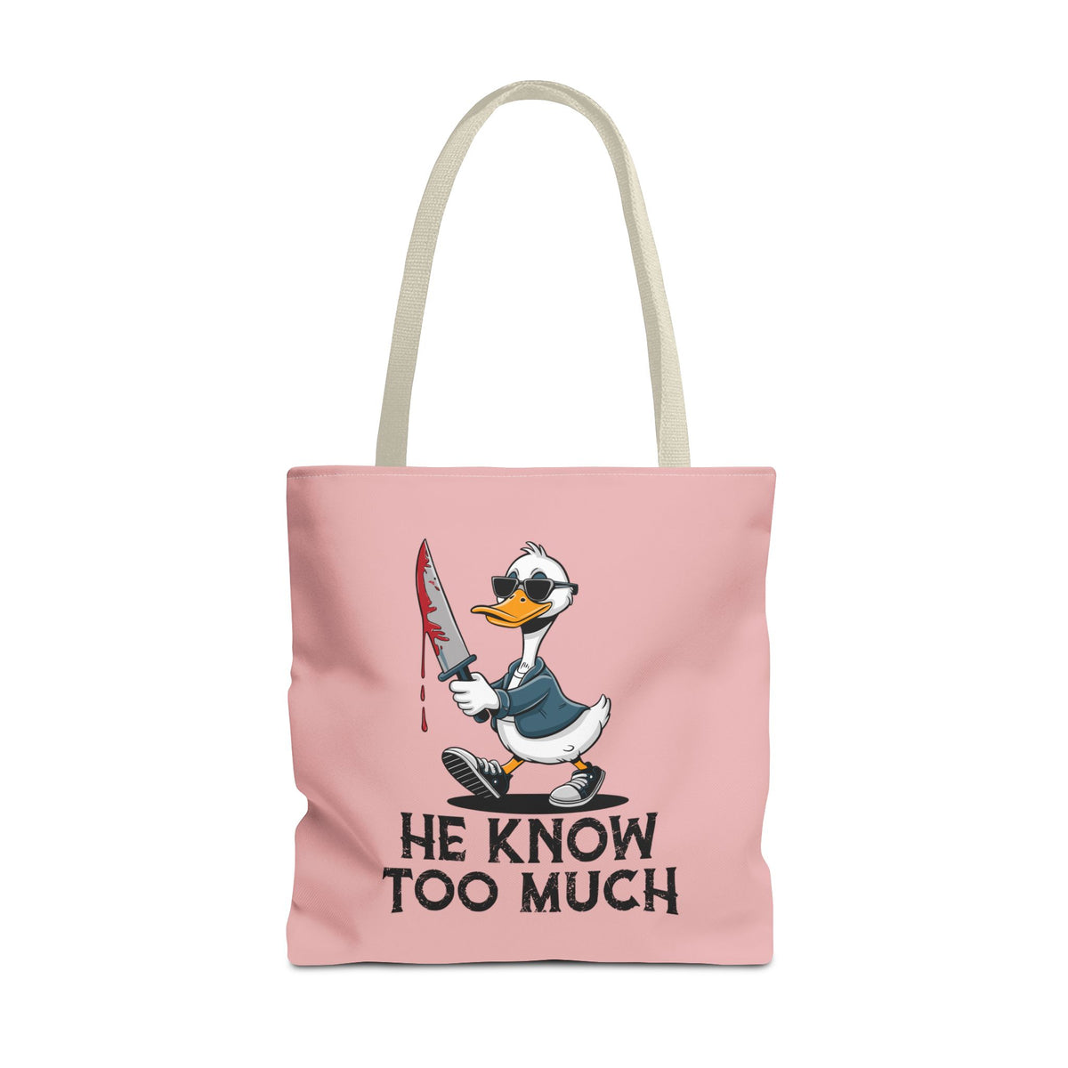"He Know Too Much" Chaos Duck With Knife Funny Polyester Tote Bag