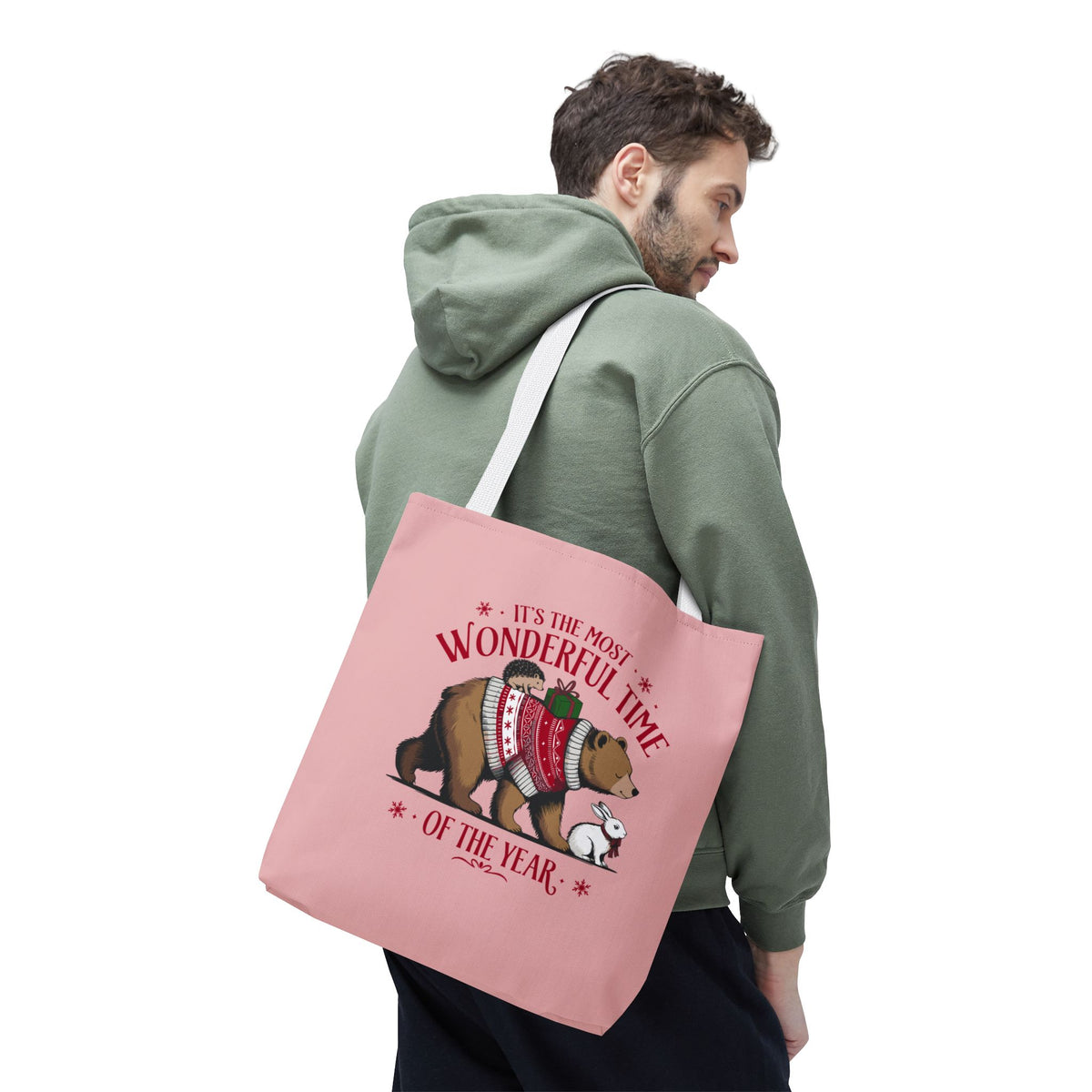 "It's The Most Wonderful Time Of The Year" Woodland Animals Holiday Sweater Polyester Tote Bag