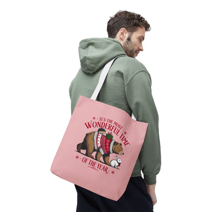 "It's The Most Wonderful Time Of The Year" Woodland Animals Holiday Sweater Polyester Tote Bag