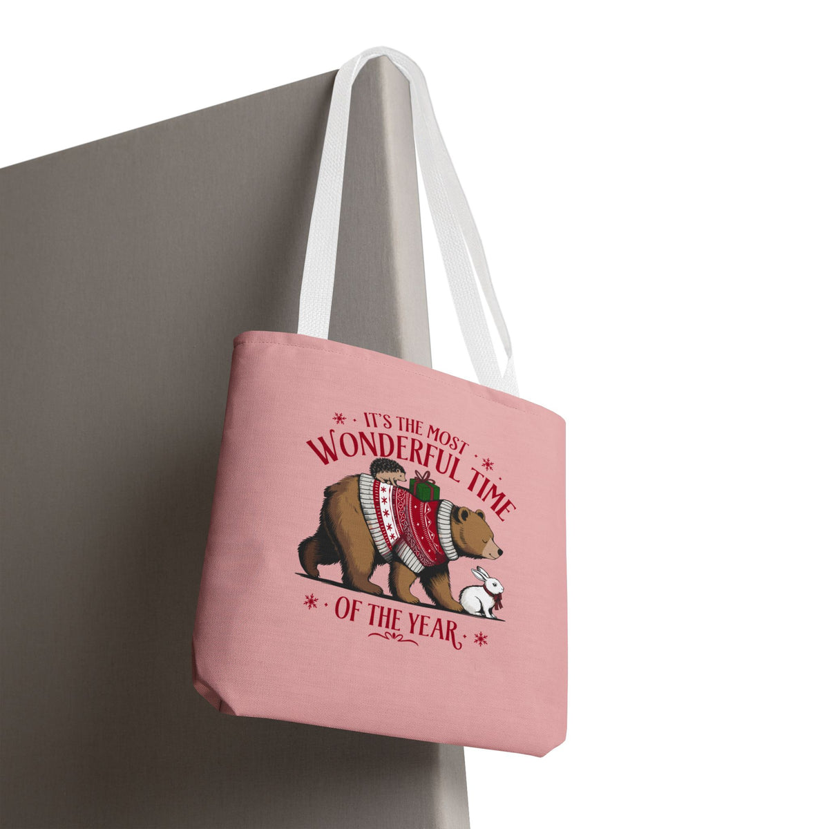 "It's The Most Wonderful Time Of The Year" Woodland Animals Holiday Sweater Polyester Tote Bag
