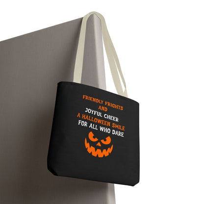 Halloween Jack-O'-Lantern Tote Bag — "Friendly Frights and Joyful Cheer" Trick-or-Treat Reusable Shopper