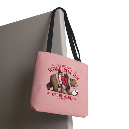 "It's The Most Wonderful Time Of The Year" Woodland Animals Holiday Sweater Polyester Tote Bag