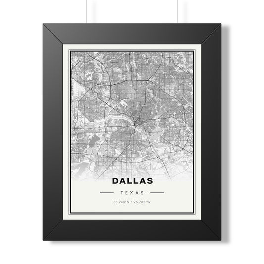 Dallas Texas Monochrome City Map Poster - Framed Wall Art