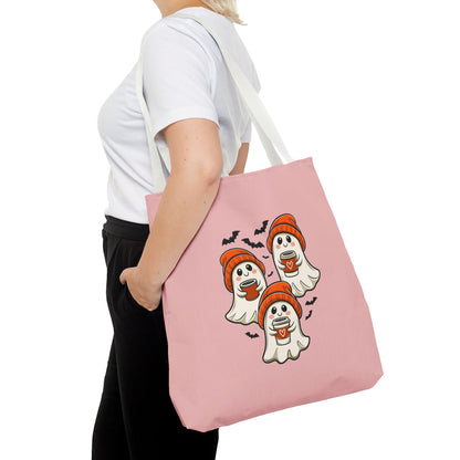 "Spooky Coffee Squad" Cute Ghosts With Beanies Polyester Tote Bag
