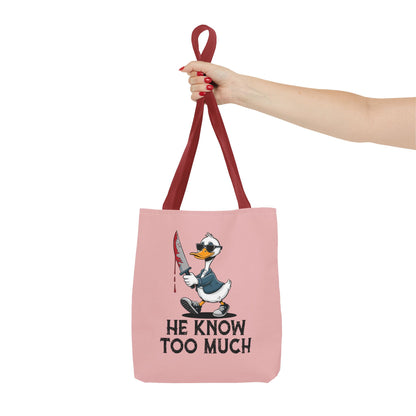 "He Know Too Much" Chaos Duck With Knife Funny Polyester Tote Bag