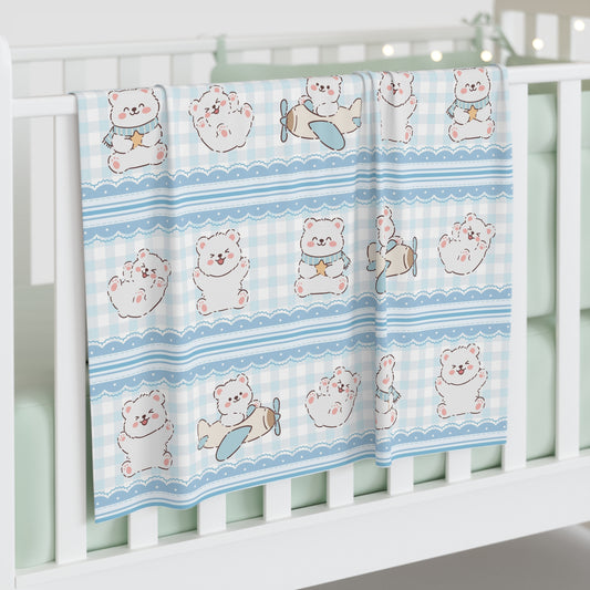 Aviator Polar Bear Gingham Baby Swaddle Blanket – Soft Blue Scalloped Wrap