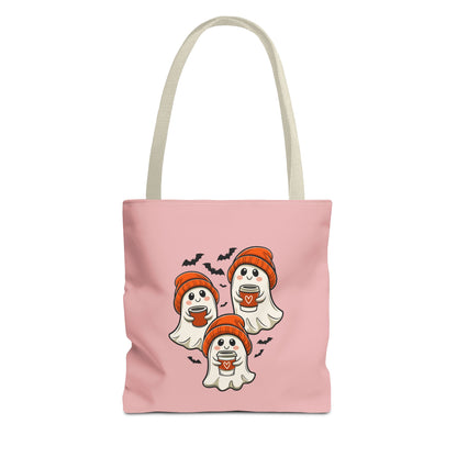 "Spooky Coffee Squad" Cute Ghosts With Beanies Polyester Tote Bag