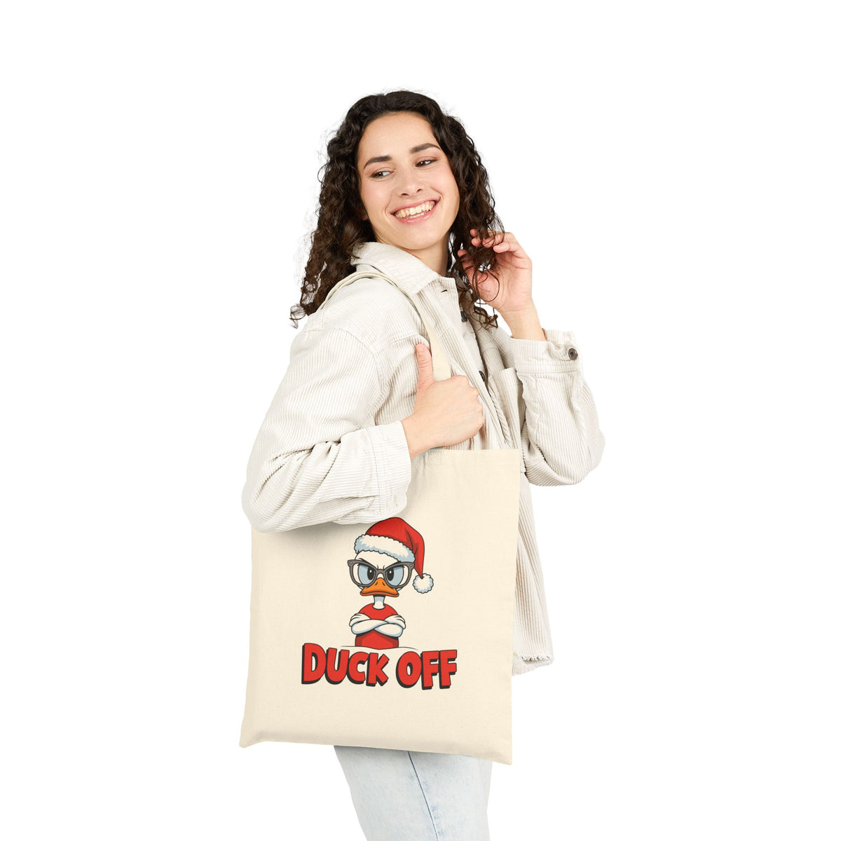 "Duck Off" Grumpy Santa Duck Funny Christmas Cotton Canvas Tote Bag