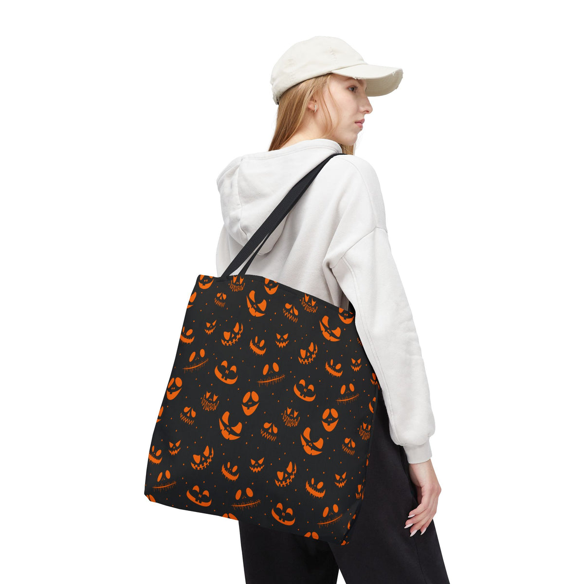 Spooky Jack-O'-Lantern Faces Pattern Tote Bag | Neon Orange & Black Halloween Shopper