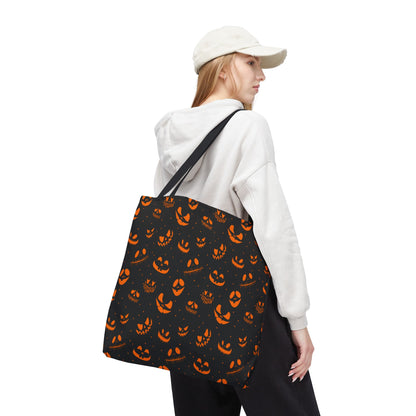 Spooky Jack-O'-Lantern Faces Pattern Tote Bag | Neon Orange & Black Halloween Shopper
