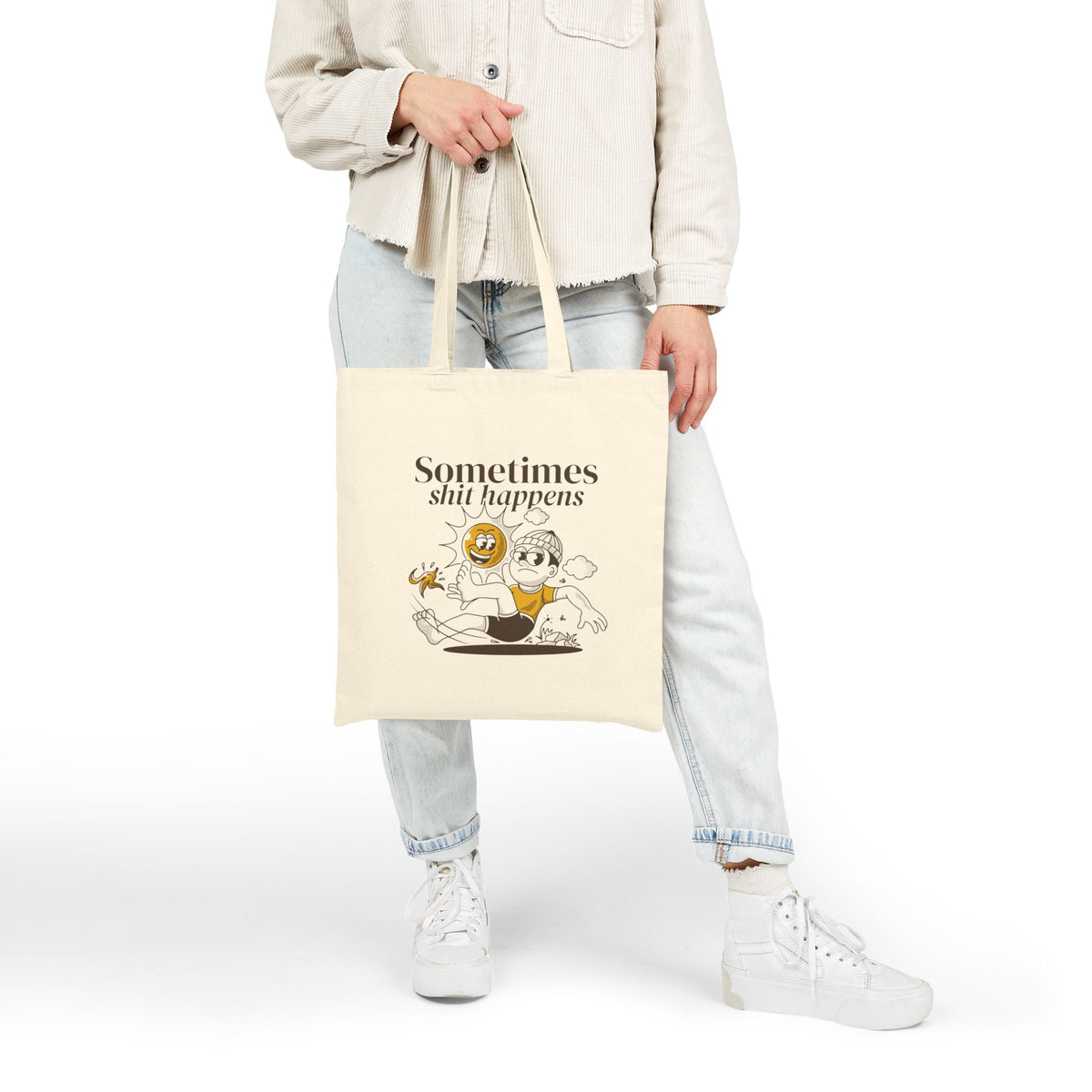 Sometimes Shit Happens Tote Bag — Funny Retro Cartoon Canvas Shopper
