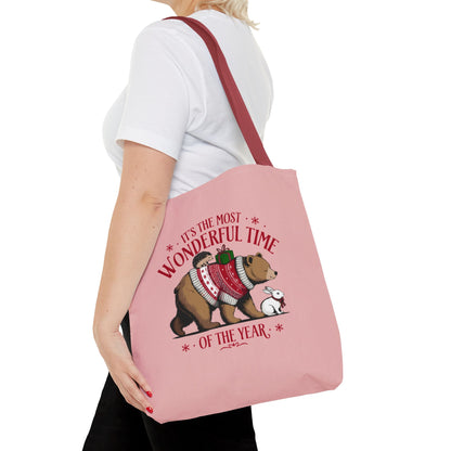 "It's The Most Wonderful Time Of The Year" Woodland Animals Holiday Sweater Polyester Tote Bag