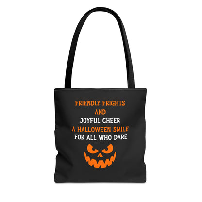 Halloween Jack-O'-Lantern Tote Bag — "Friendly Frights and Joyful Cheer" Trick-or-Treat Reusable Shopper