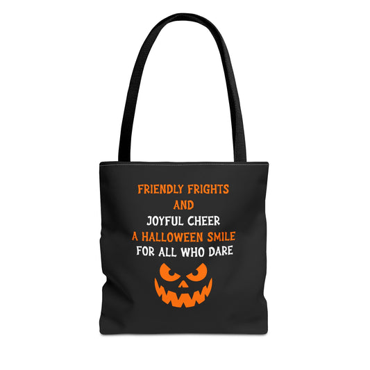 Halloween Jack-O'-Lantern Tote Bag — "Friendly Frights and Joyful Cheer" Trick-or-Treat Reusable Shopper