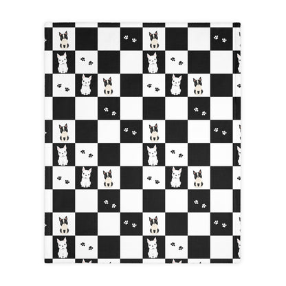 Black & White Checkered French Bulldog Throw Blanket (Two-sided print)