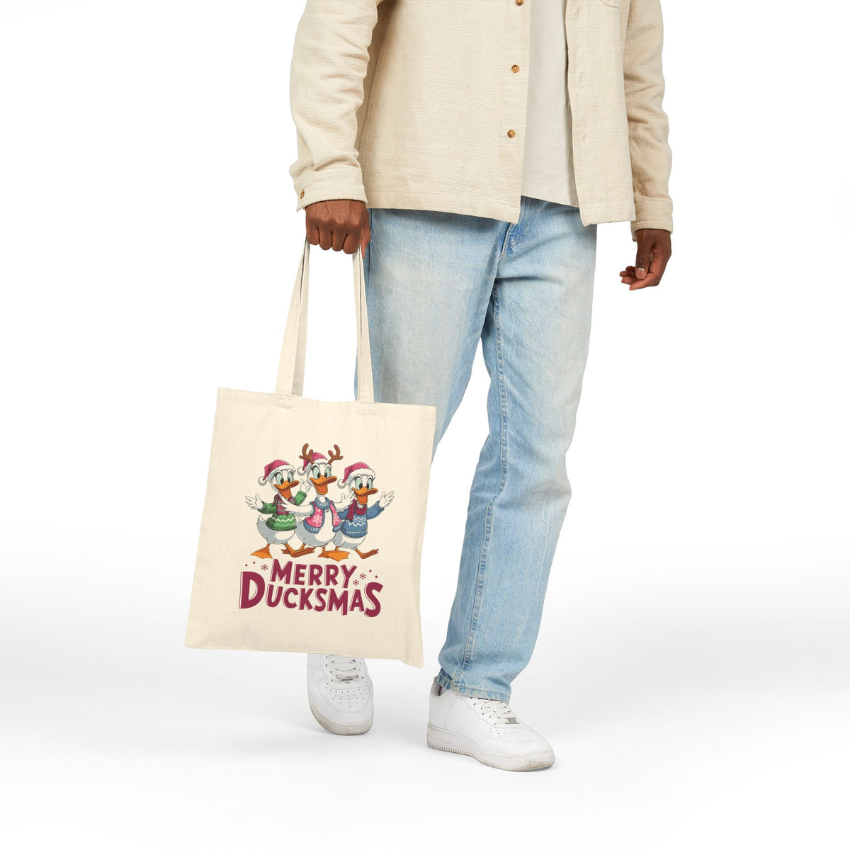 "Merry Ducksmtb" Festive Holiday Trio Ducks Cotton Canvas Tote Bag