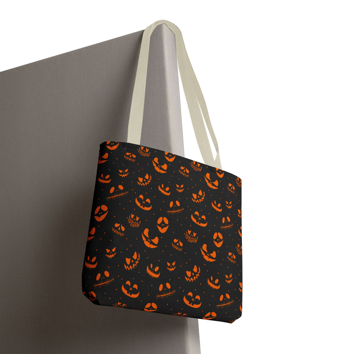 Spooky Jack-O'-Lantern Faces Pattern Tote Bag | Neon Orange & Black Halloween Shopper