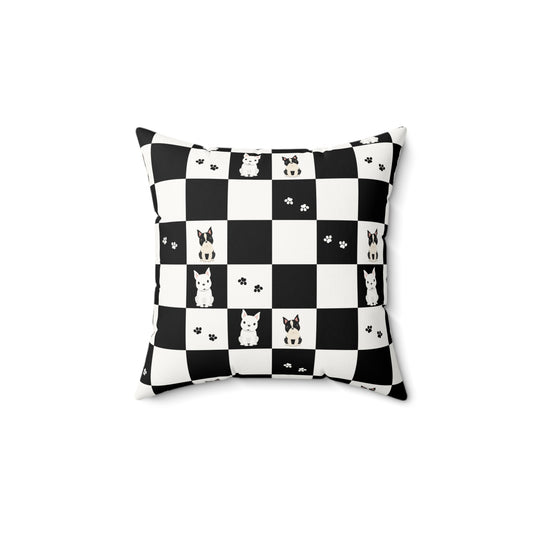 Black & White Checkered French Bulldog Faux Suede Square Pillow | Dog Lover Accent Cushion