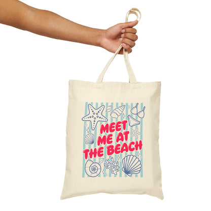 Meet Me At The Beach Coastal Seashells & Stripes Cotton Canvas Tote Bag
