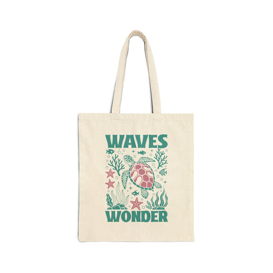 Waves & Wonder Sea Turtle Ocean Life Cotton Canvas Tote Bag