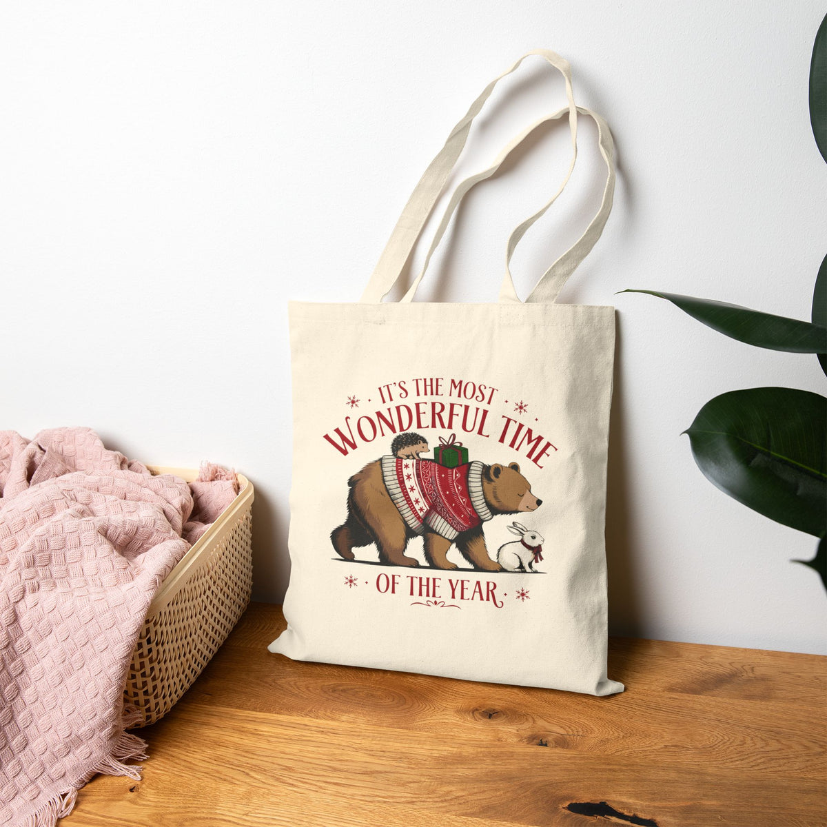 "It's The Most Wonderful Time Of The Year" Christmas Bear Cotton Canvas Tote Bag