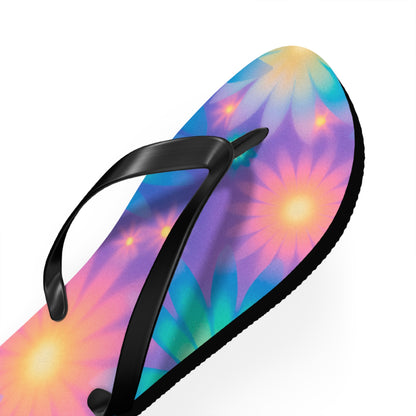 Neon Glow Floral Cosmic Dream Flip Flops — Electric Botanical Summer Sandals