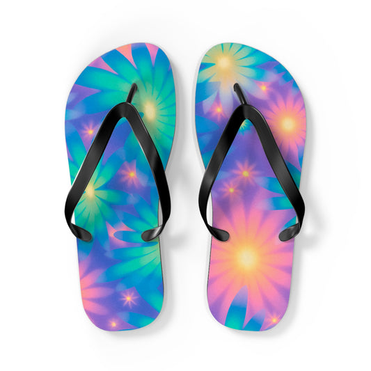 Neon Glow Floral Cosmic Dream Flip Flops — Electric Botanical Summer Sandals