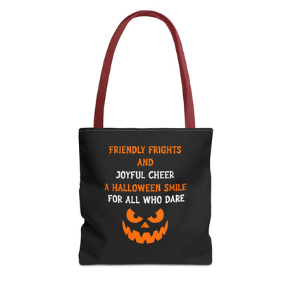 Halloween Jack-O'-Lantern Tote Bag — "Friendly Frights and Joyful Cheer" Trick-or-Treat Reusable Shopper