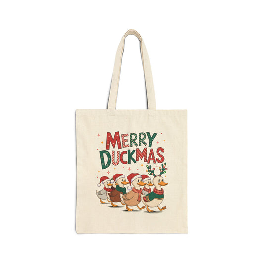 "Merry Duckmas" Festive Waddling Holiday Ducks Cotton Canvas Tote Bag