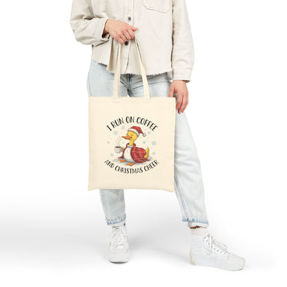 "I Run On Coffee And Christmas Cheer" Cozy Duck Coffee Lover Cotton Canvas Tote Bag
